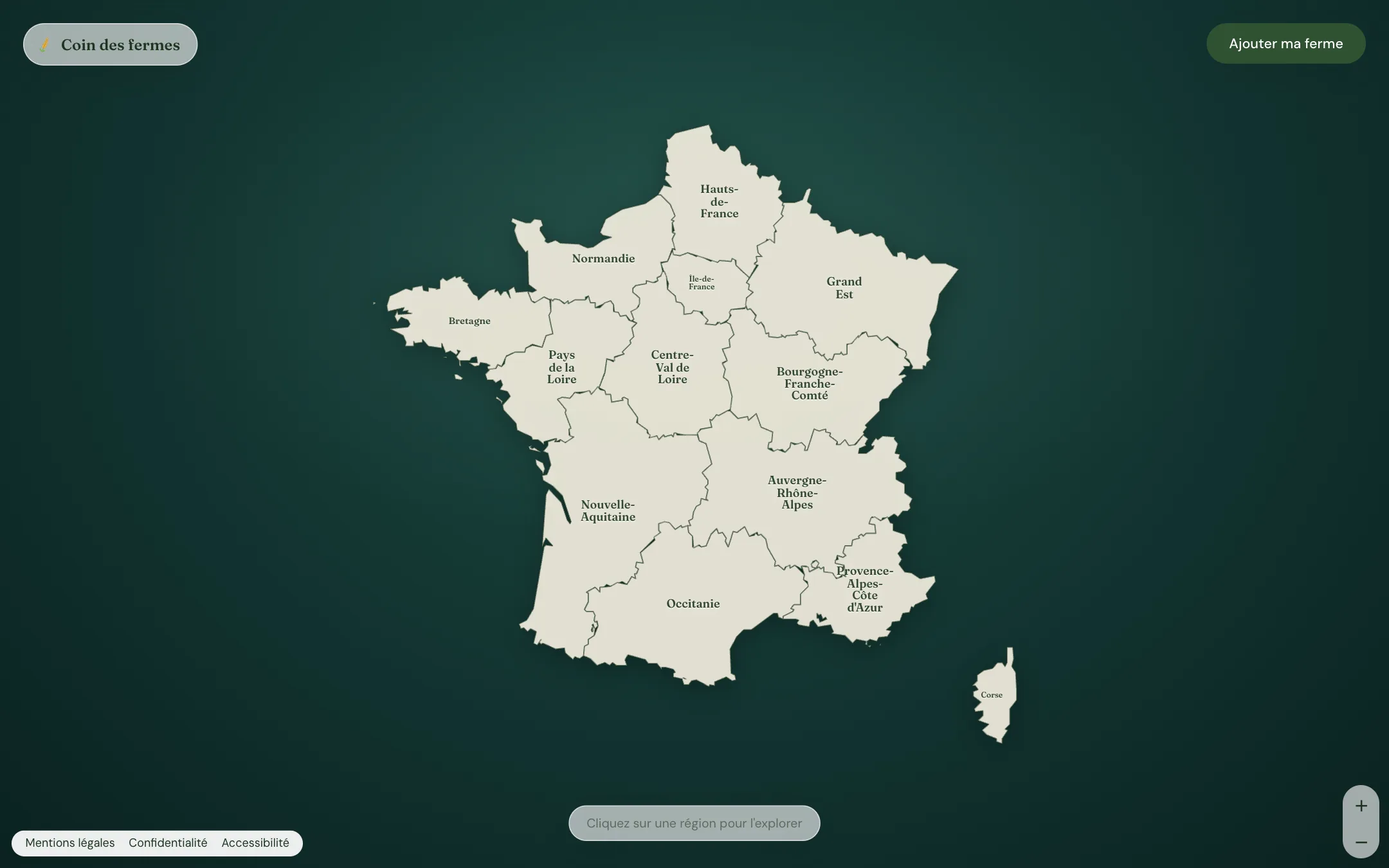 Aperçu de la carte de France découpée par région, avec le bouton pour ajouter sa ferme.
