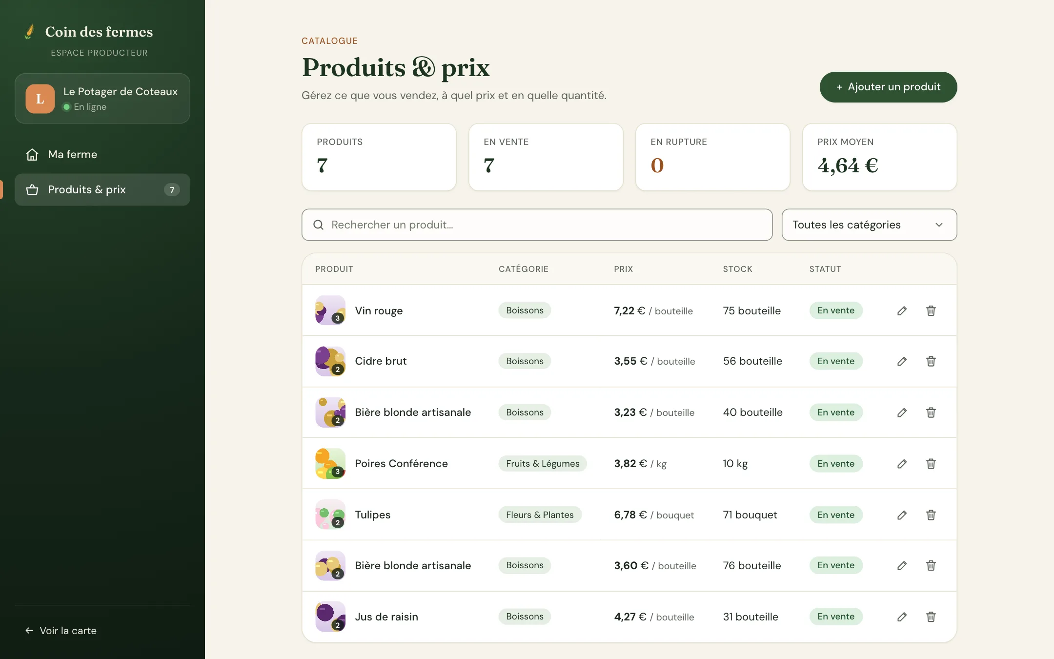 Aperçu de l'espace producteur : chiffres clés, recherche, et tableau des produits avec photos, prix, stock et statut.
