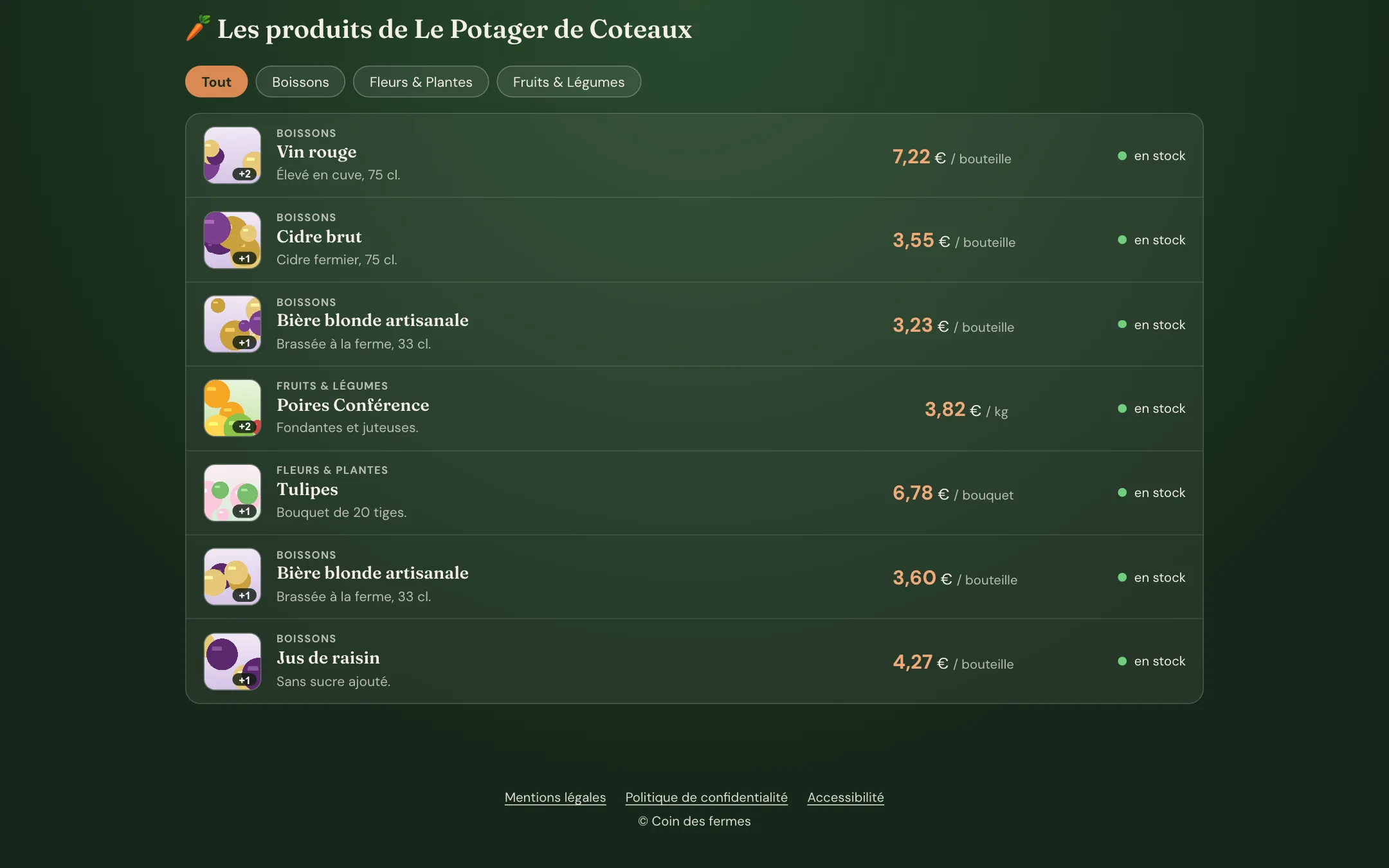Aperçu du catalogue d'une ferme : une ligne par produit avec photo, catégorie, nom, prix et stock.