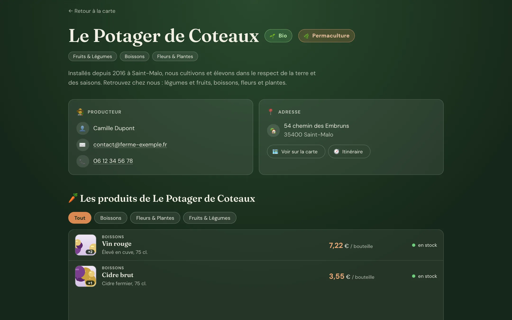 Aperçu d'une fiche de ferme : nom, badges Bio et Permaculture, description, producteur, adresse et boutons carte et itinéraire.