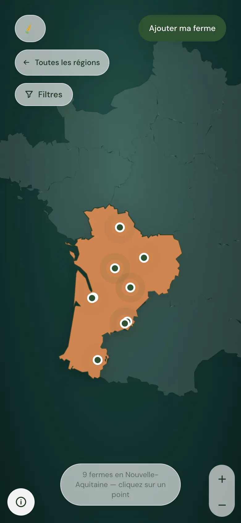 Aperçu sur téléphone : une région avec ses fermes, le bouton Filtres et le bouton d'informations légales.