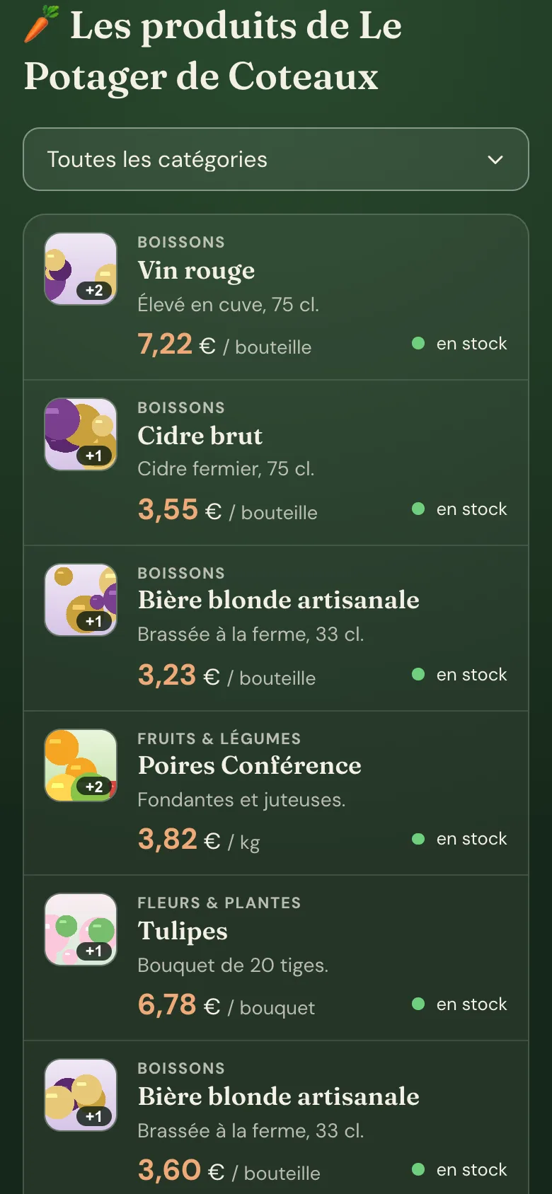 Aperçu sur téléphone : la liste déroulante des catégories et les produits avec leurs prix.