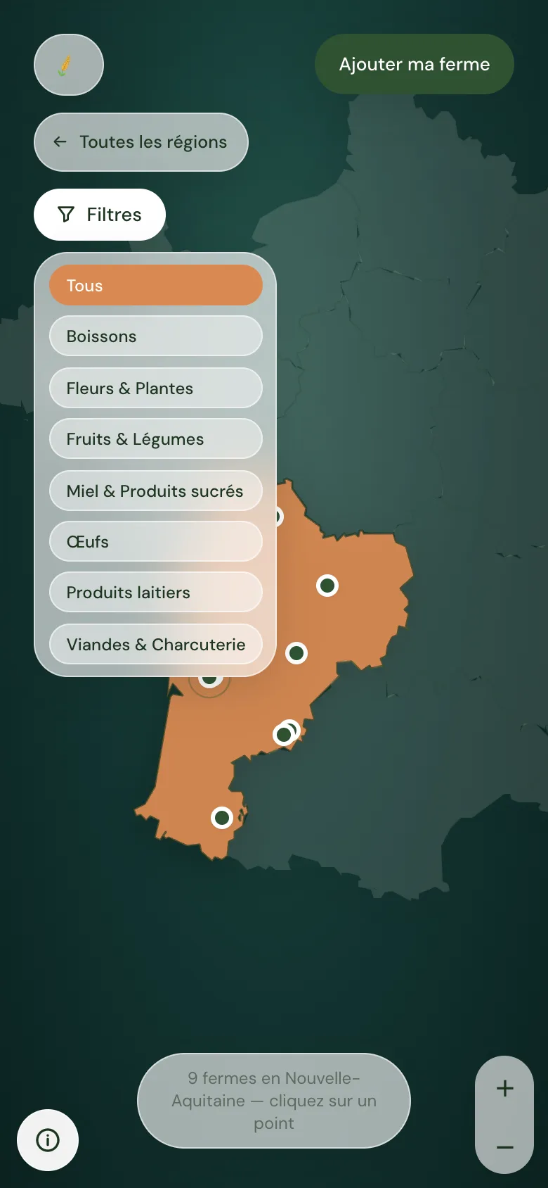 Aperçu sur téléphone : la carte de la région avec le menu des filtres par catégorie ouvert.